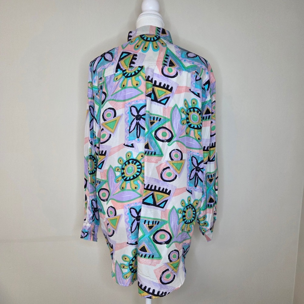 Vintage 80s Jane Ashley 100% Silk Abstract Blouse Shoulder Pads Size M - Picture 3 of 5